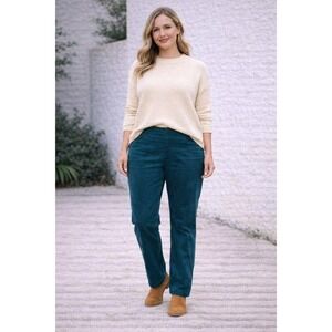 Lark Lane Teal‎ Corduroy Straight Leg Pants Women's Size 12 Pull On Stretch